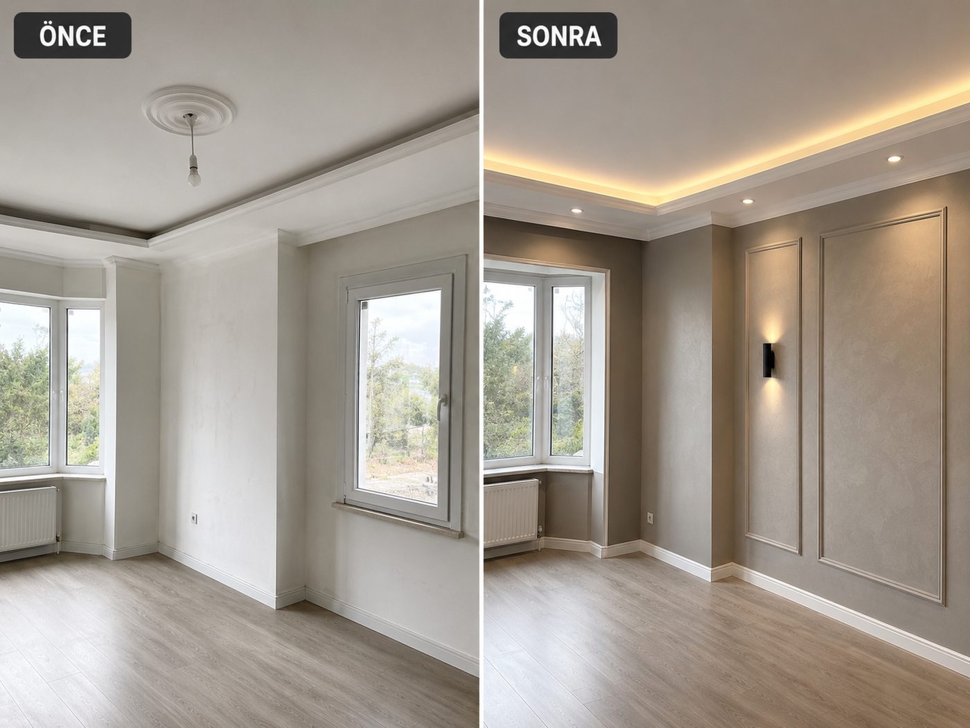 Tekeli iç cephe boya öncesi ve sonrası